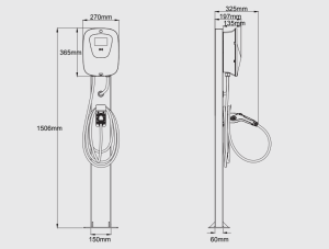 AC EV Charger with stand column, dimensions 270mm width, 365mm height, and 135mm depth, featuring a mounted charging gun with cable dimensions detailed.