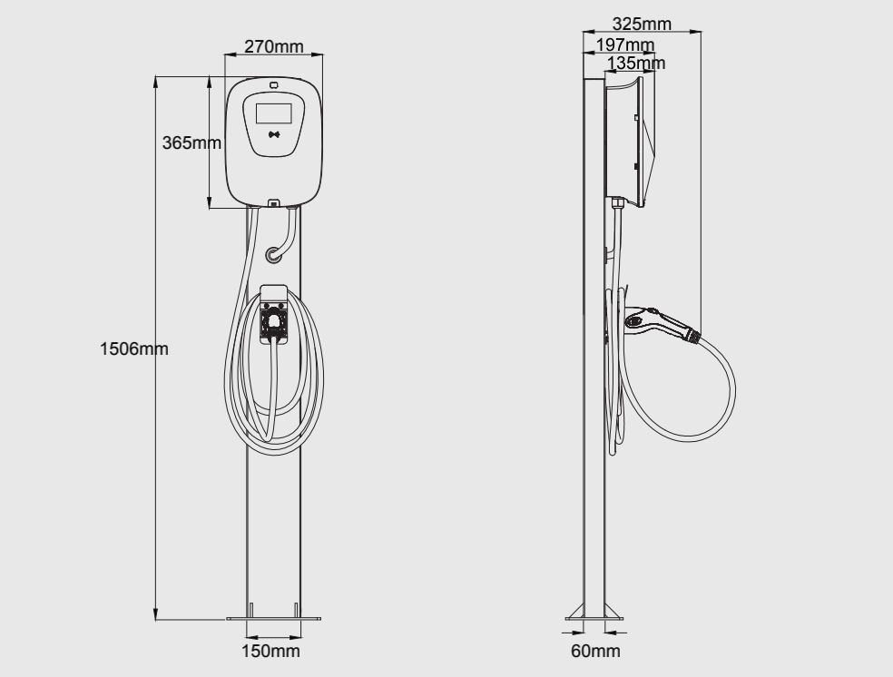 AC EV Charger with stand column, dimensions 270mm width, 365mm height, and 135mm depth, featuring a mounted charging gun with cable dimensions detailed.