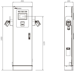 Compact Pilot Split EV Charger Terminal cabinet, measuring 1450mm high, 450mm wide, and 200mm deep with dual connectors.