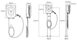 Space-efficient 22KW Type 2 AC EV Charger with dimensions 420x300mm, side profile 154x1520mm, and cable length 1383mm, featuring a user-friendly 4.3-inch display.