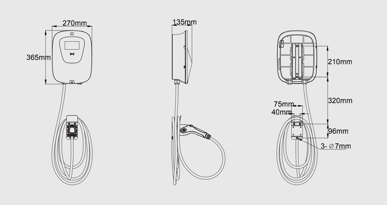 Wall-mounted AC EV Charger, dimensions 270mm width, 365mm height, and detailed side profile showing the mounted charging gun with a total height of 1506mm.